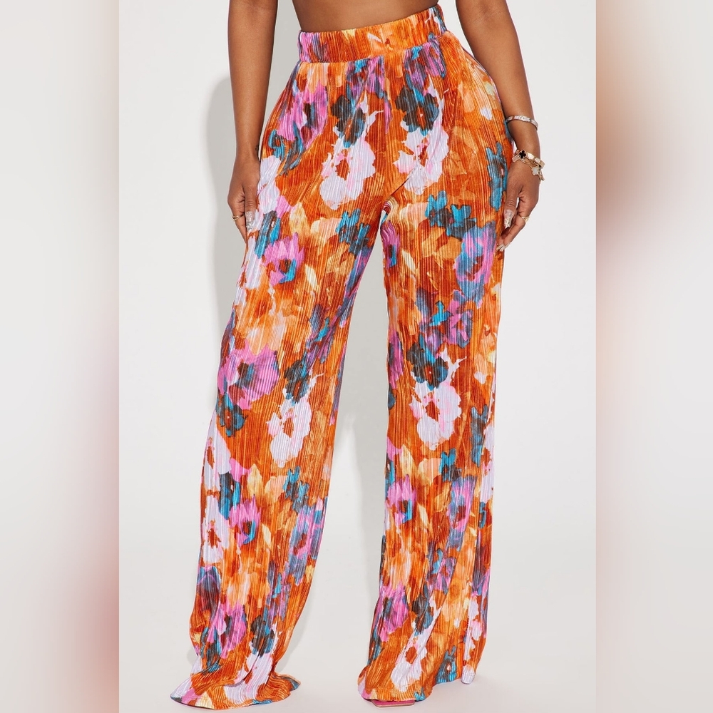 Fashion Nova 2X Orange Floral Flare Pants Pleated High Waist Boho Lightweight